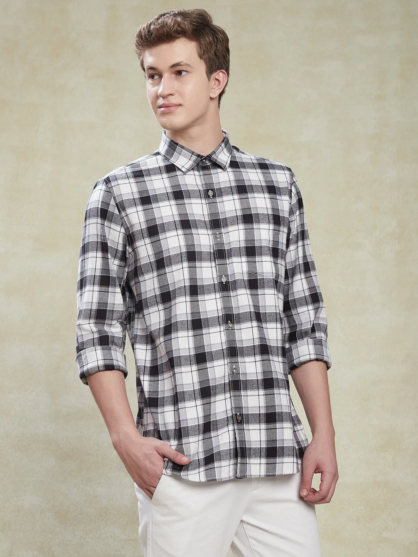 100% Cotton White Slim Fit Full Sleeve Casual Mens Checkered Shirt