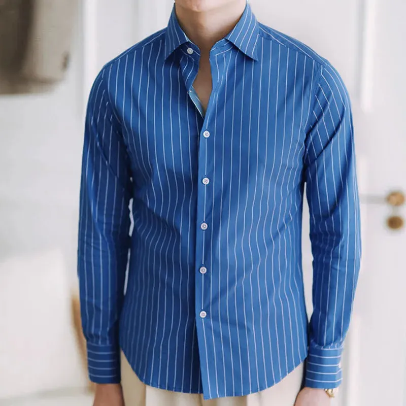 Aidase Casual Blue Stripe Shirt Men's Business Versatile Non Iron Naples Italian Splayed Collar Long Sleeved Gentleman Fashion Shirt