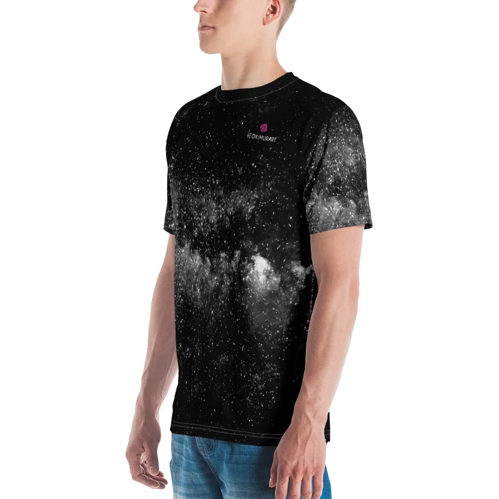 Black Galaxy Print Men's T-shirt, Space Galaxies Premium Quality Shirt For Men-Made in USA/EU/MX