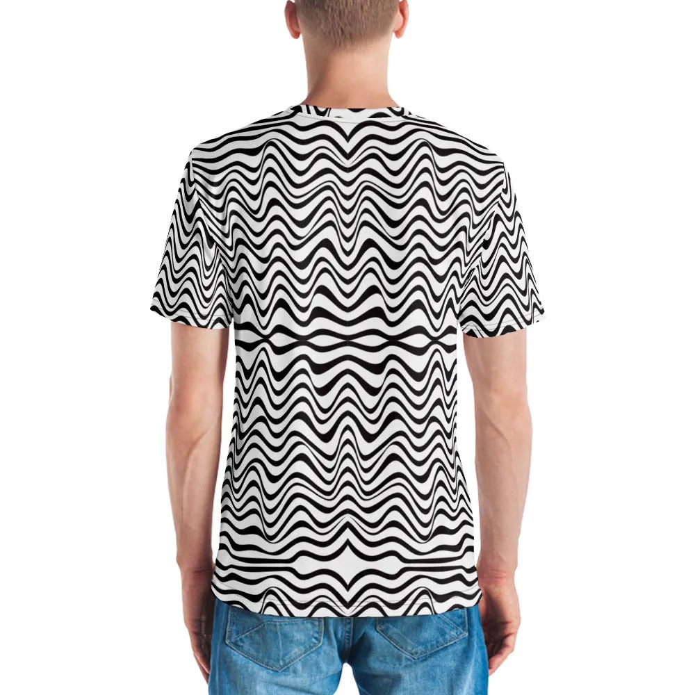 Black White Wavy Men's T-Shirt, Waves Crew Neck Polyester Regular Fit Tee-Made in USA/EU/MX