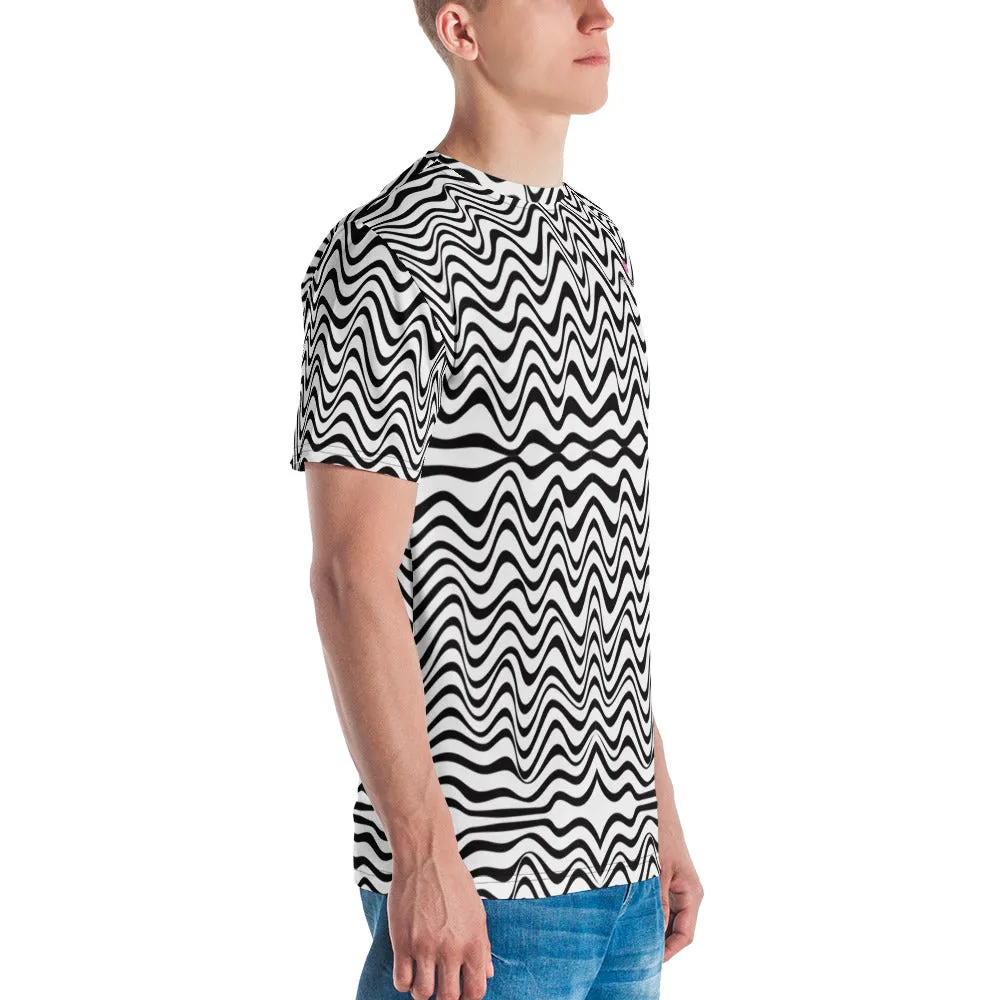 Black White Wavy Men's T-Shirt, Waves Crew Neck Polyester Regular Fit Tee-Made in USA/EU/MX