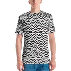 Black White Wavy Men's T-Shirt, Waves Crew Neck Polyester Regular Fit Tee-Made in USA/EU/MX