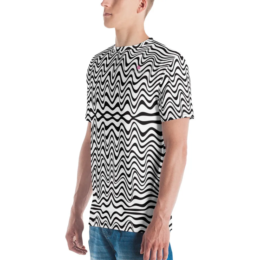 Black White Wavy Men's T-Shirt, Waves Crew Neck Polyester Regular Fit Tee-Made in USA/EU/MX