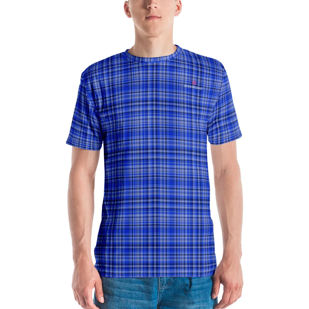 Blue Plaid Print Men's T-shirt, Tartan Scottish Printed Luxury Men Tees -Made in USA/EU/MX