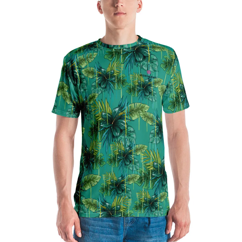 Blue Tropical Hawaiian Style Shirt, Designer Men's Premium Tropical Leaves T-shirt-Made in USA/EU/MX