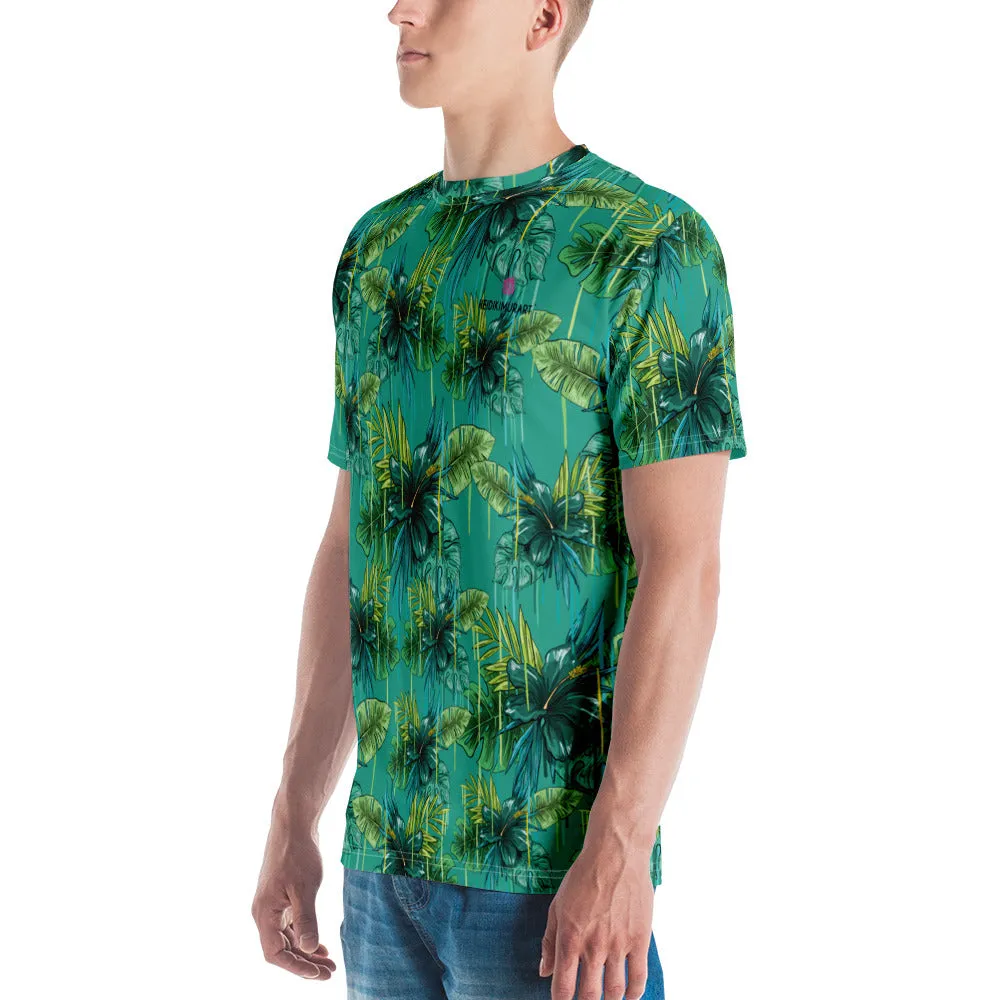 Blue Tropical Hawaiian Style Shirt, Designer Men's Premium Tropical Leaves T-shirt-Made in USA/EU/MX