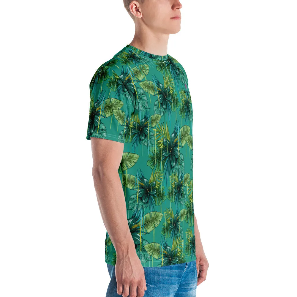 Blue Tropical Hawaiian Style Shirt, Designer Men's Premium Tropical Leaves T-shirt-Made in USA/EU/MX