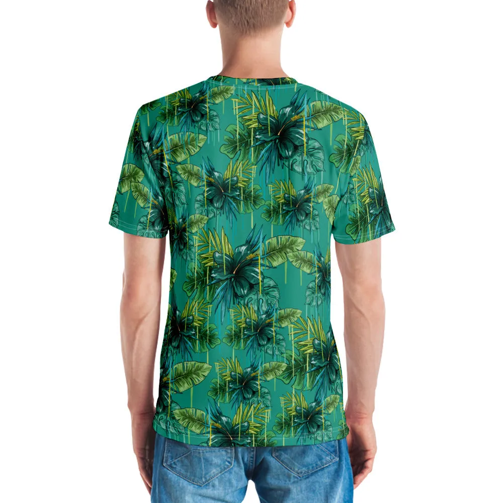 Blue Tropical Hawaiian Style Shirt, Designer Men's Premium Tropical Leaves T-shirt-Made in USA/EU/MX