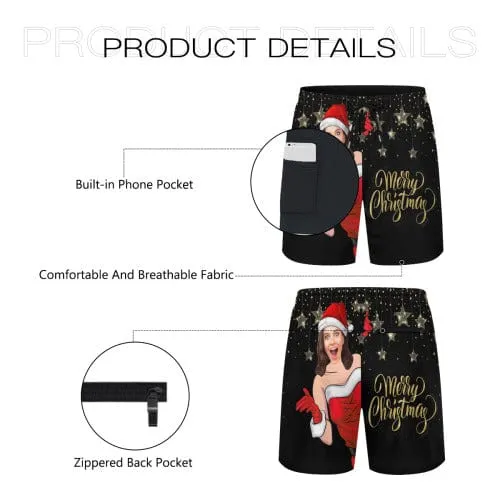 Custom Face Christmas Red Hat Star Men's Quick Dry 2 in 1 Surfing & Beach Shorts Male Gym Fitness Shorts