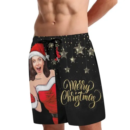 Custom Face Christmas Red Hat Star Men's Quick Dry 2 in 1 Surfing & Beach Shorts Male Gym Fitness Shorts