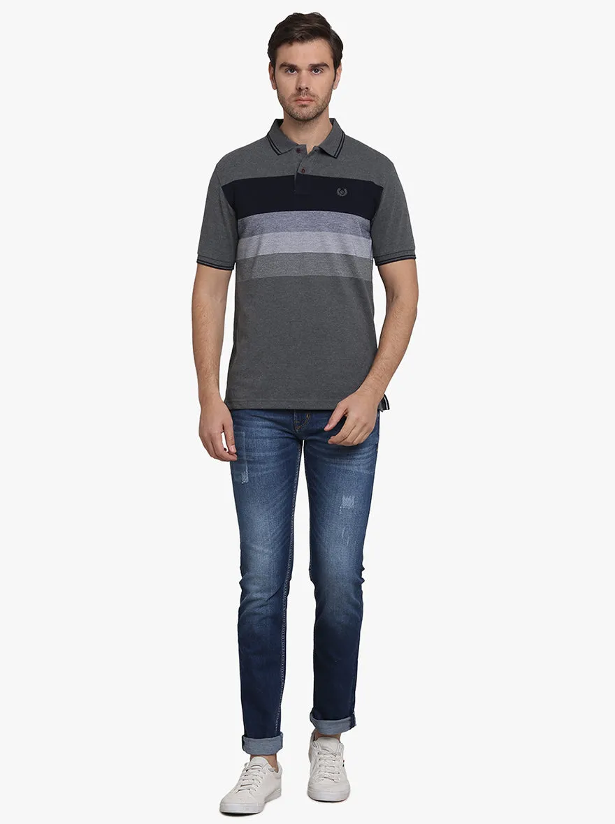 Grey & Navy Blue Striped Slim Fit Polo T-shirt  | Greenfibre