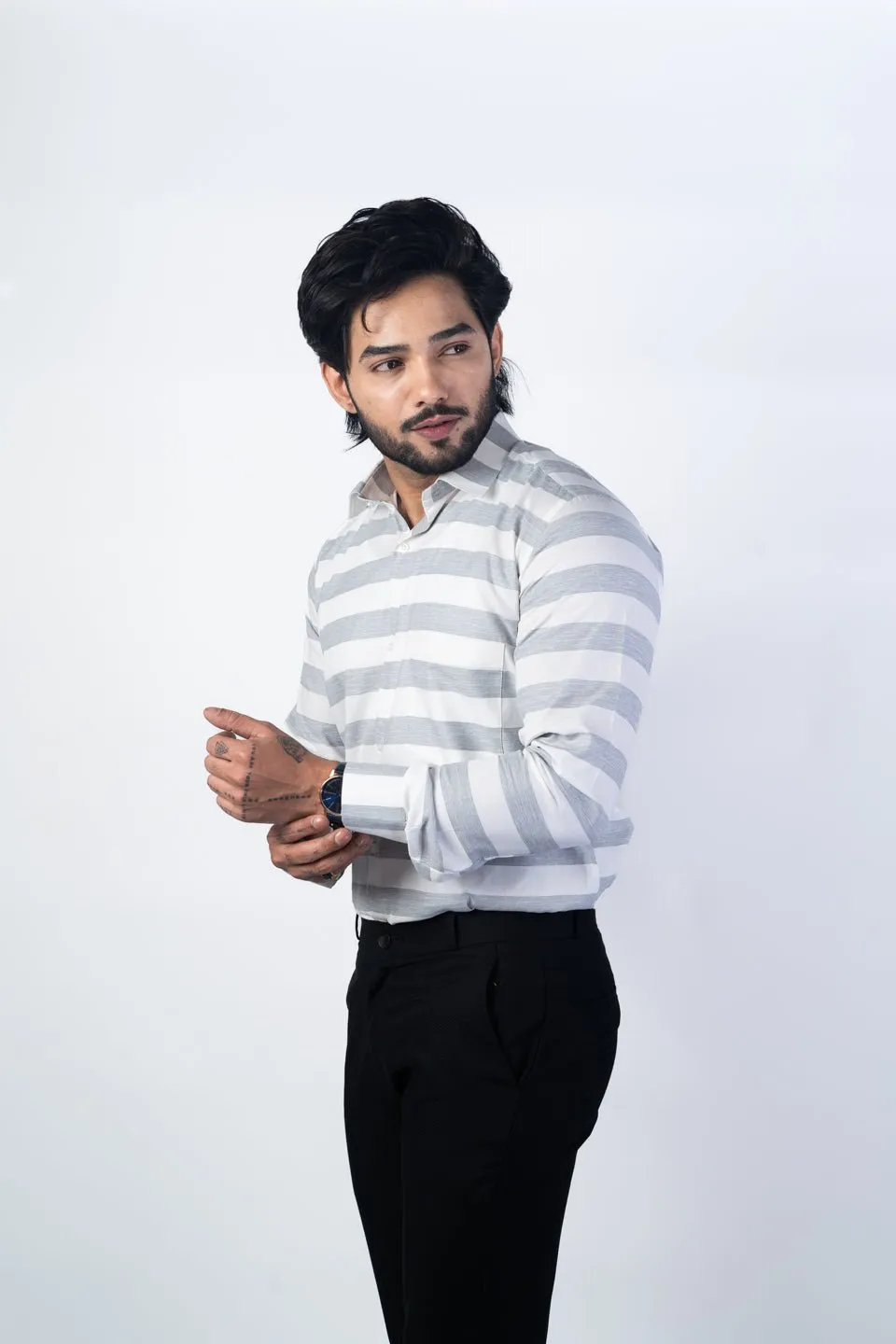 Grey Color Cotton Stripe Shirt For Men