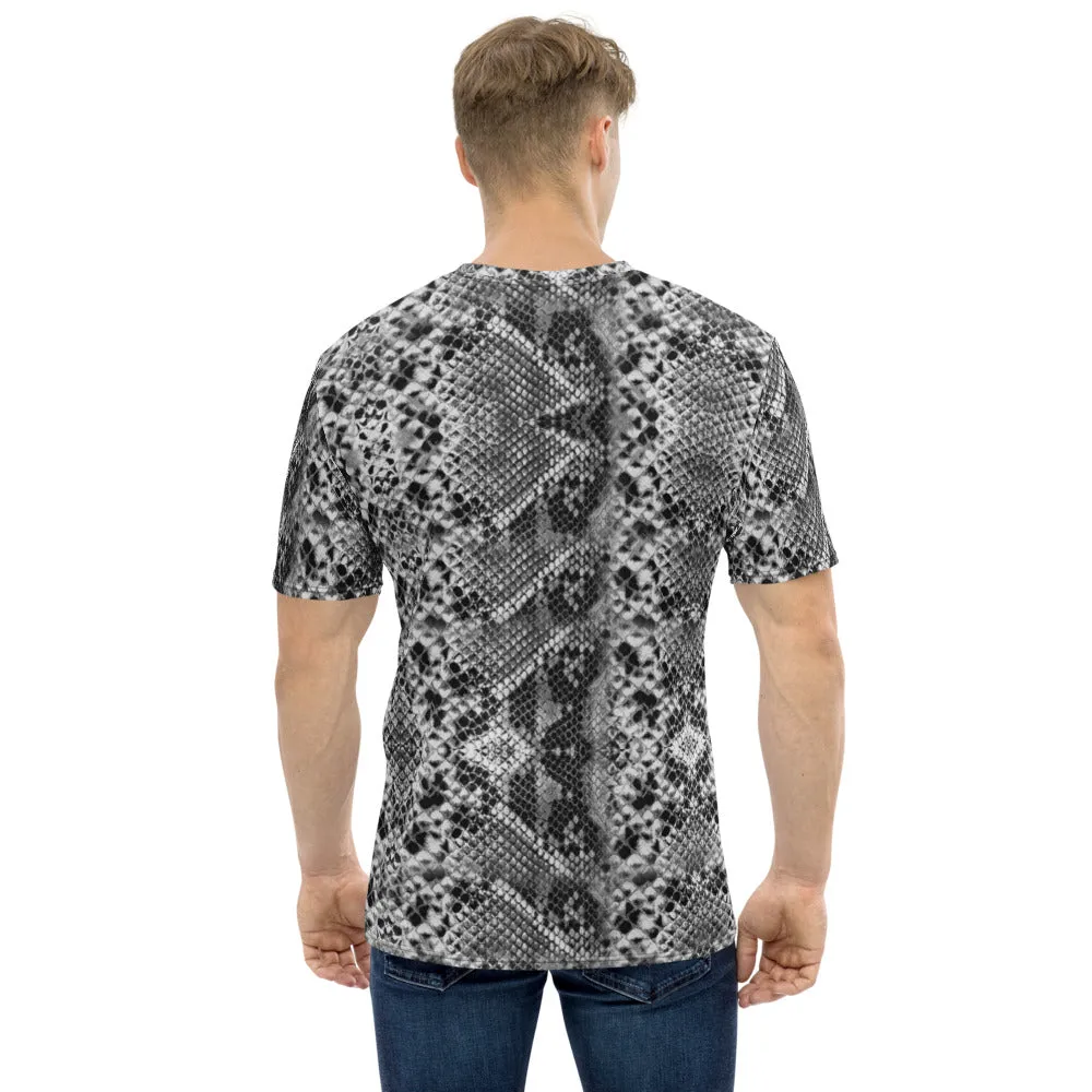 Grey Snake Print Men's T-shirt, Grey Snake Skin Python Printed Regular Fit Tees For Men