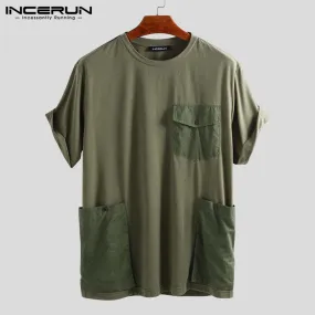 INCERUN Summer Men T Shirt Solid Casual Short Sleeve Tee Tops Pockets Streetwear Loose Couple T-shirts Men Camisetas Hombre S4096355