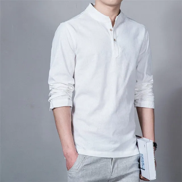 Linen Stand Up Collar Long Sleeve Shirt