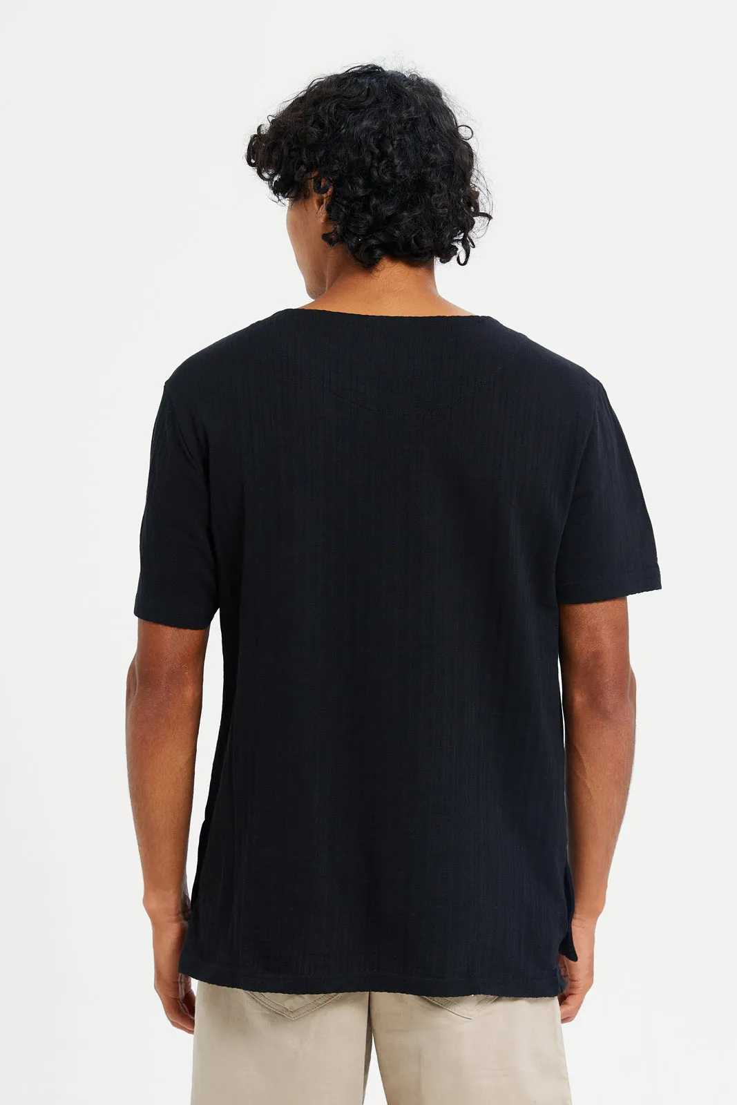 Men Black Jacquard T-Shirt