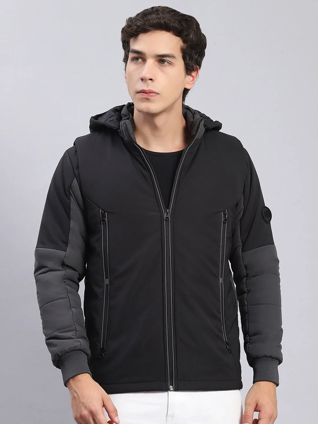 Men Black Solid Hooded Full Sleeve Jackets