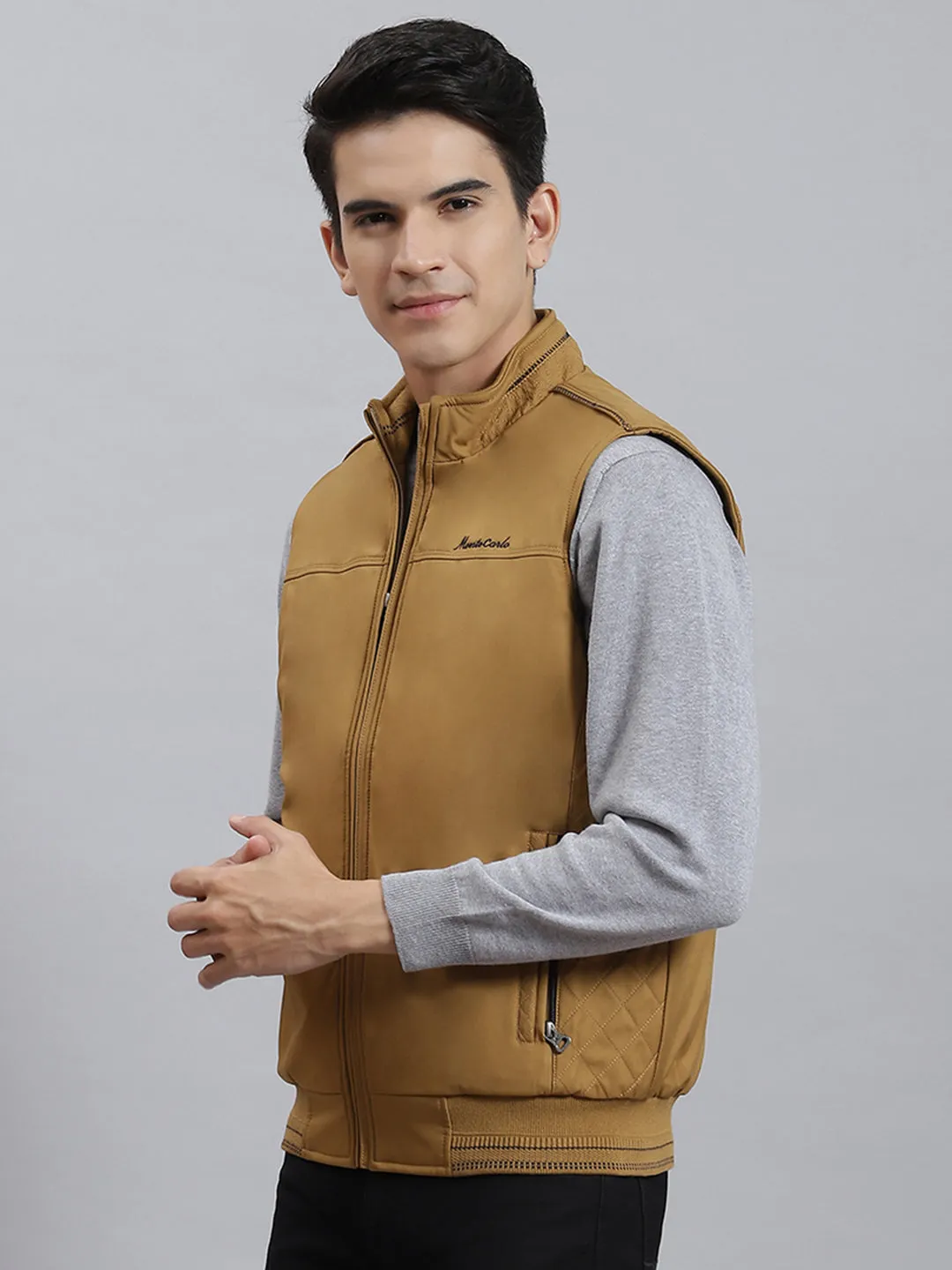 Men Mustard Solid Stand Collar Sleeveless Jackets