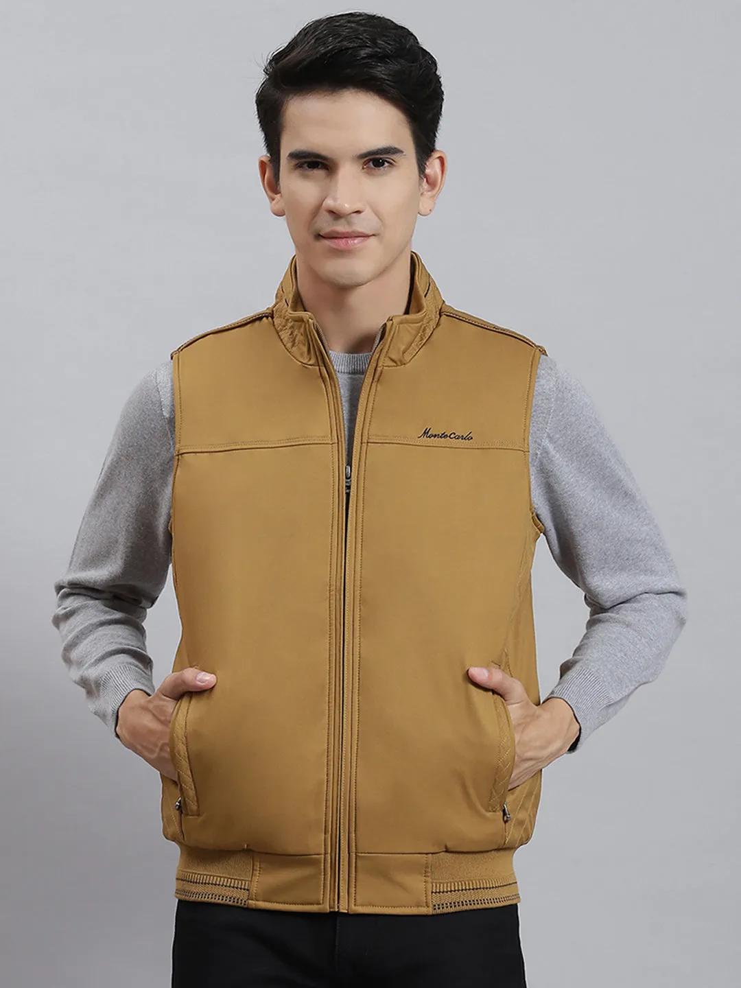 Men Mustard Solid Stand Collar Sleeveless Jackets