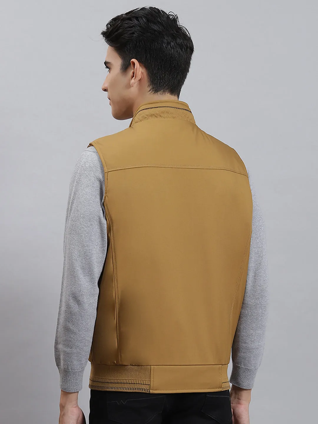 Men Mustard Solid Stand Collar Sleeveless Jackets