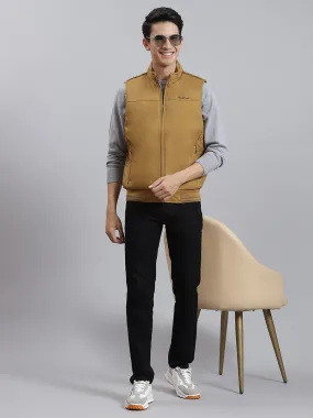 Men Mustard Solid Stand Collar Sleeveless Jackets