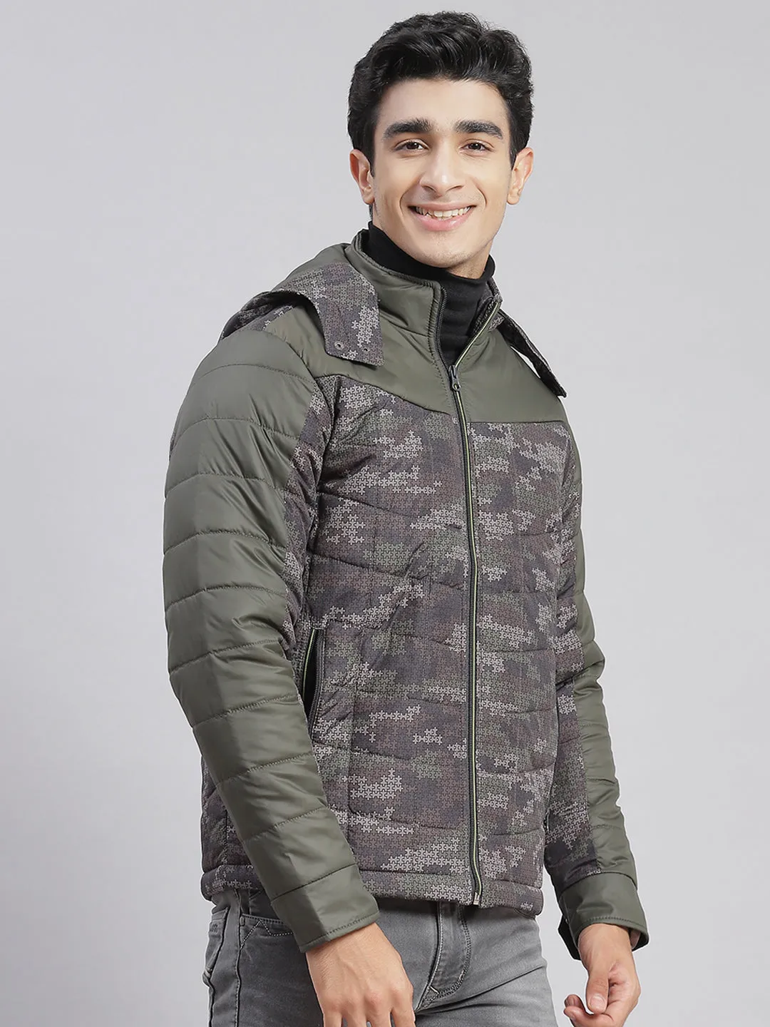 Men Olive Printed Hooded Full Sleeve Jackets