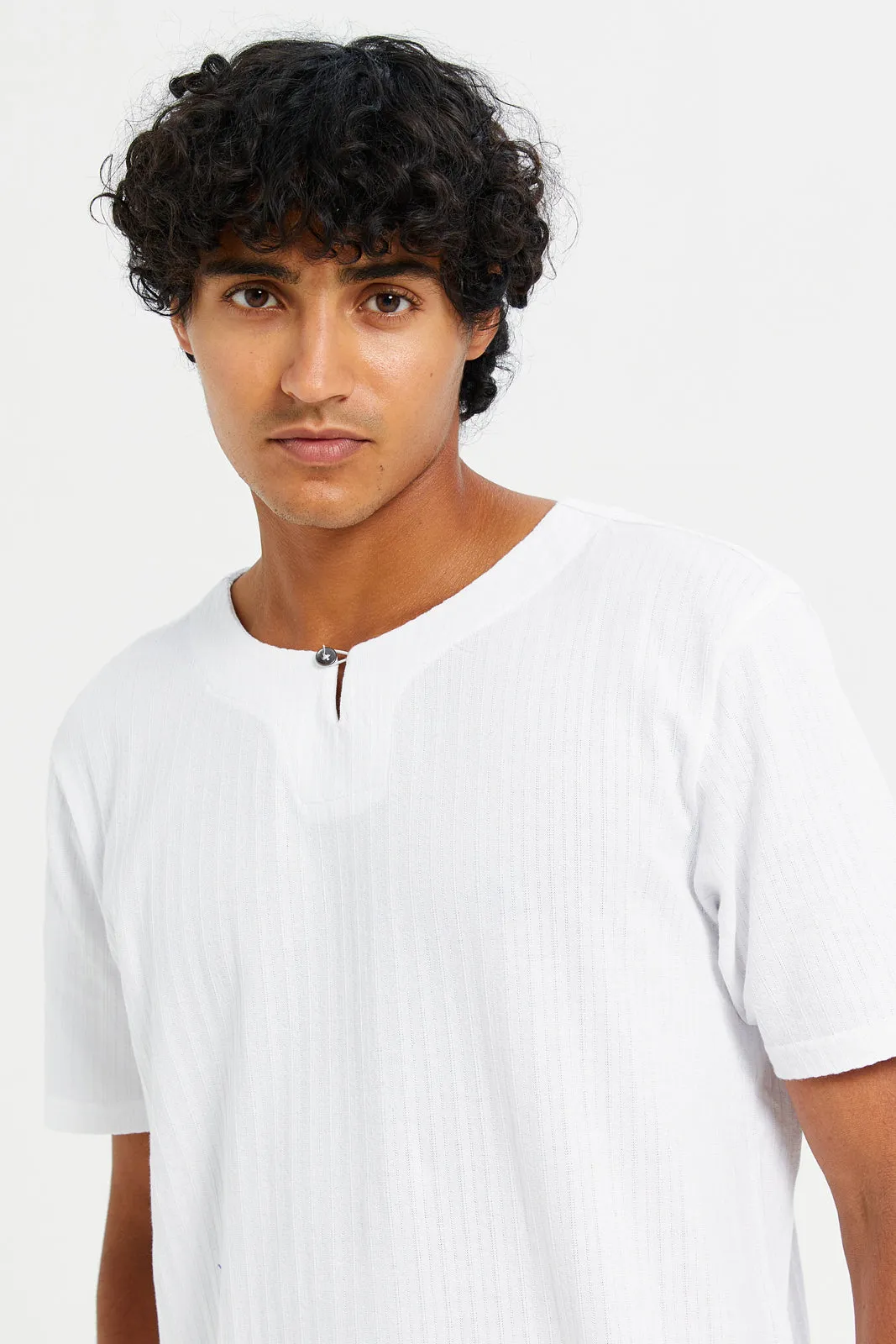 Men White Jacquard T-Shirt With Buttons