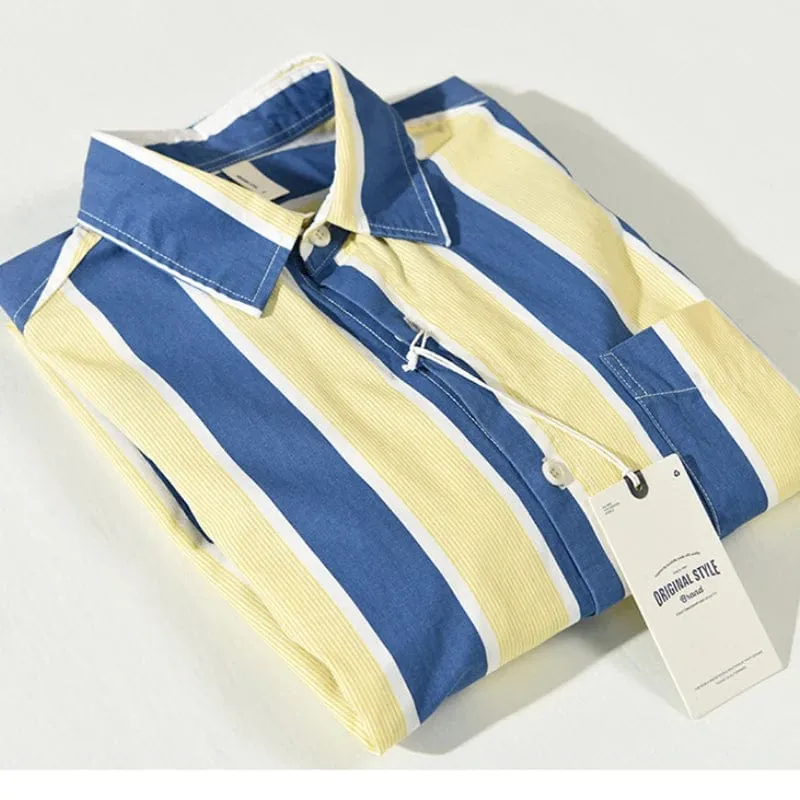 Men's Blue and Yellow Striped Loose Casual Shirt with Big Pockets - Comfortable Cotton Style