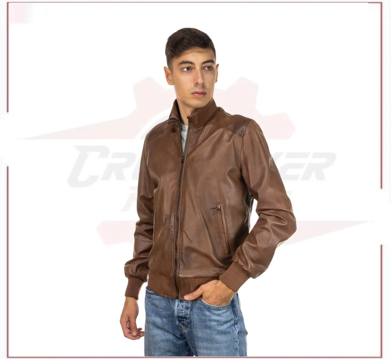 Men's Bomber - Men's Bomber Jacket in Genuine Brown Leather