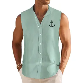 Men's Breathable Linen Lapel Beach Sleeveless Shirt 62739312YM