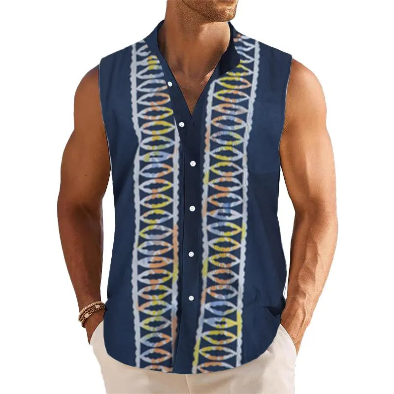 Men's Breathable Linen Lapel Beach Sleeveless Shirt 66443948YM