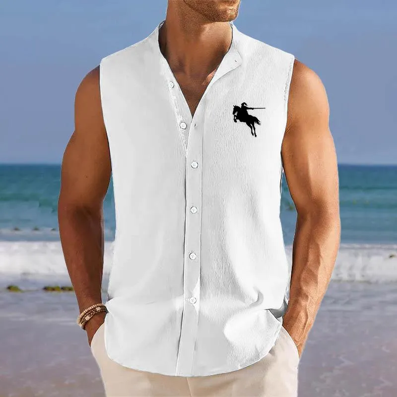 Men's Breathable Linen Lapel Beach Sleeveless Shirt 83133107YM