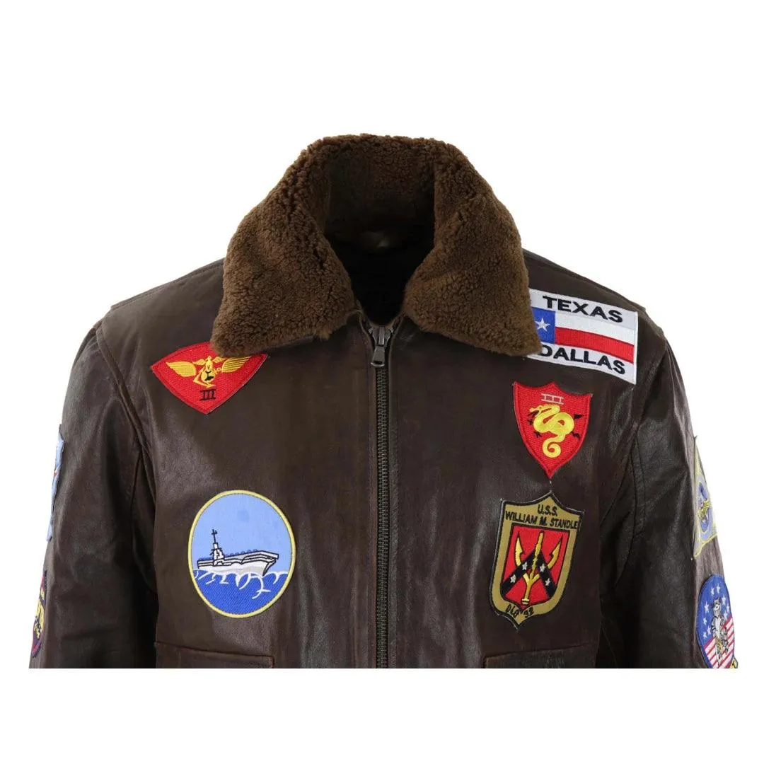 Mens Brown Aviator Top Gun Jacket Vintage Classic Washed Fur Collar Pilot Bomber