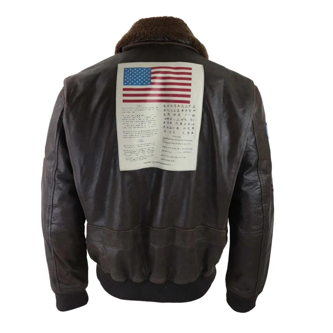 Mens Brown Aviator Top Gun Jacket Vintage Classic Washed Fur Collar Pilot Bomber