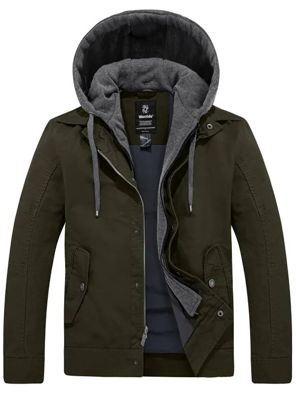 Men's Casual Military Jacket Fall Canvas Jacket With Removable Hood