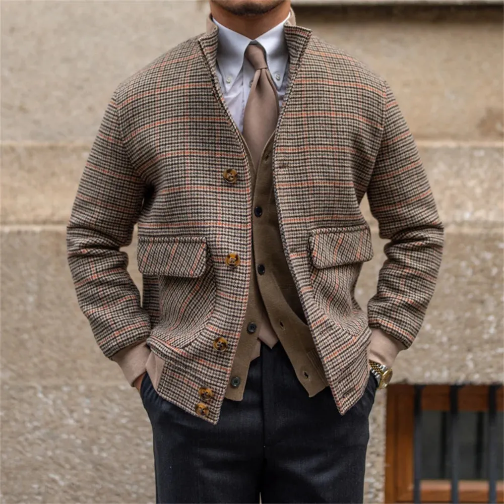 Men's MA-1 Bomber Pilot Jacket Tweed Hound's Tooth Slim Fit Plaid Varsity Military Coat