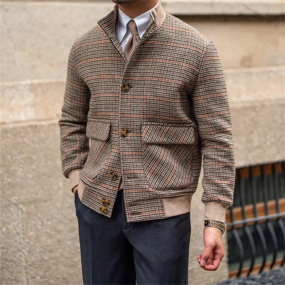 Men's MA-1 Bomber Pilot Jacket Tweed Hound's Tooth Slim Fit Plaid Varsity Military Coat