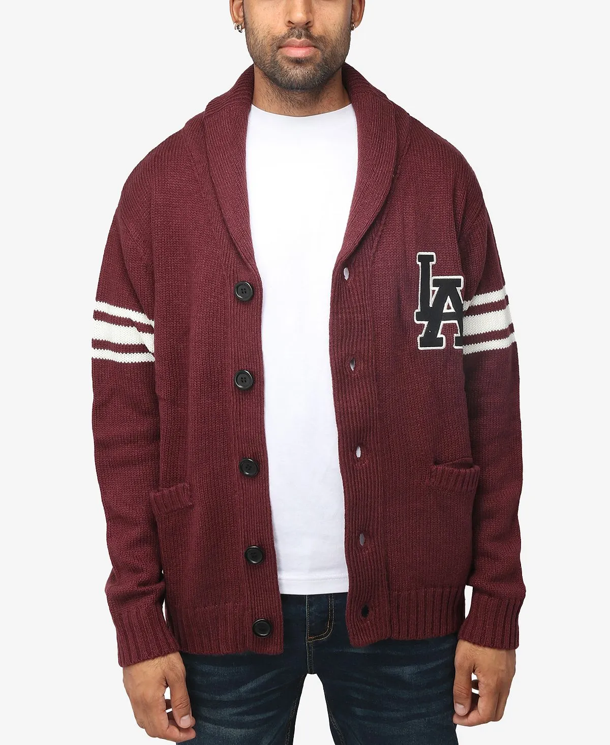 Men's thick cardigan with turn-down collar and city X-Ray patch