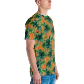 Orange Tropical Leaf Men's T-shirt, Green Hawaiian Style Premium Tee For Men-Made in USA/EU