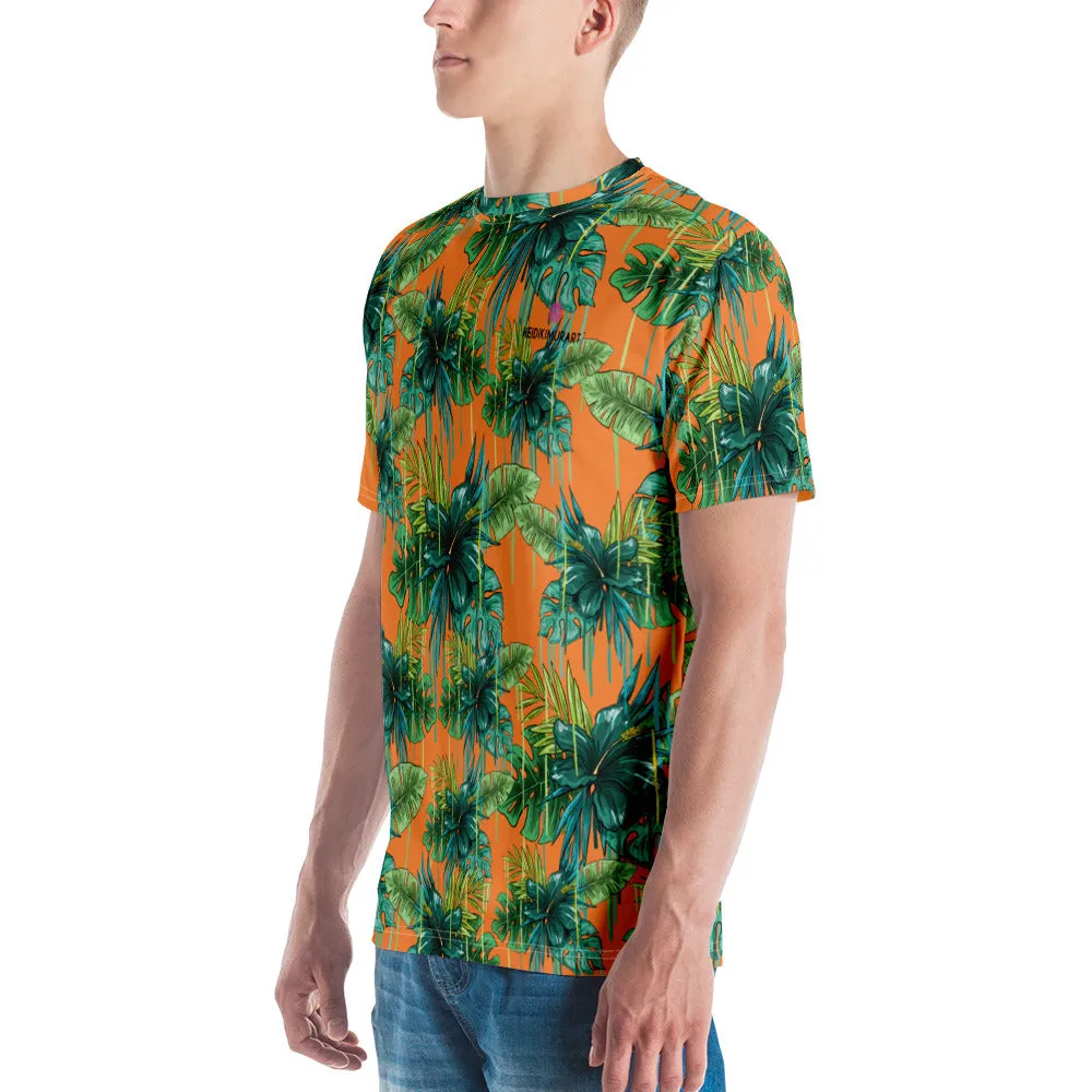 Orange Tropical Leaf Men's T-shirt, Green Hawaiian Style Premium Tee For Men-Made in USA/EU