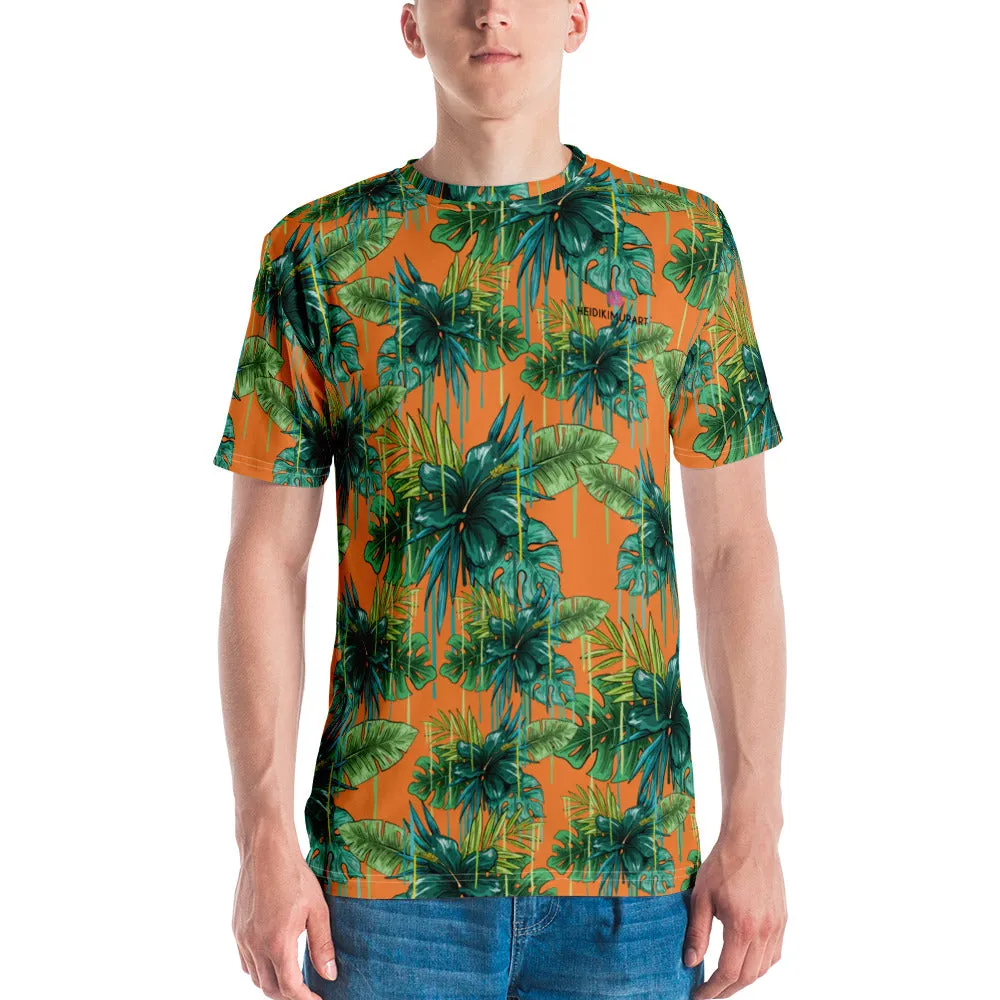 Orange Tropical Leaf Men's T-shirt, Green Hawaiian Style Premium Tee For Men-Made in USA/EU