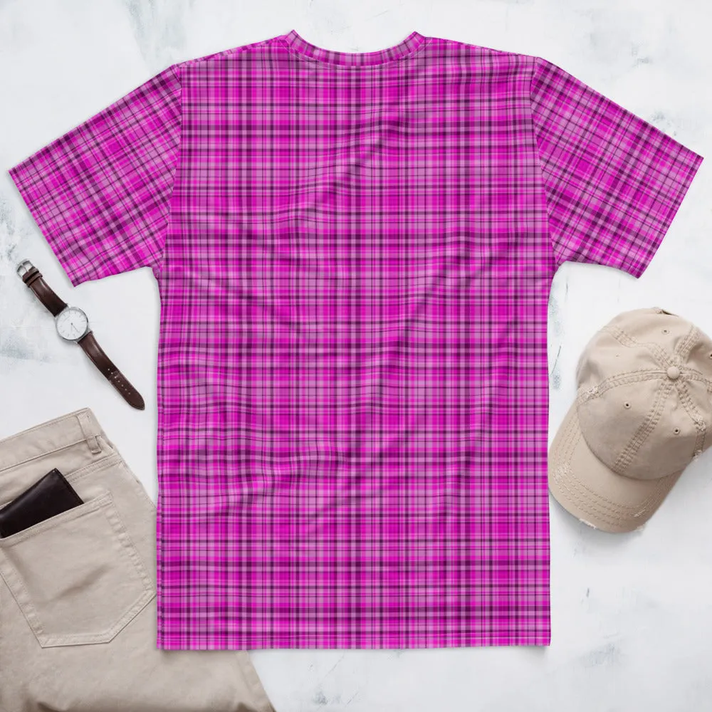 Pink Plaid Print Men's T-shirt, Scottish Bright Pink Plaid Tartan Printed Pattern Tee For Men-Made in USA/EU