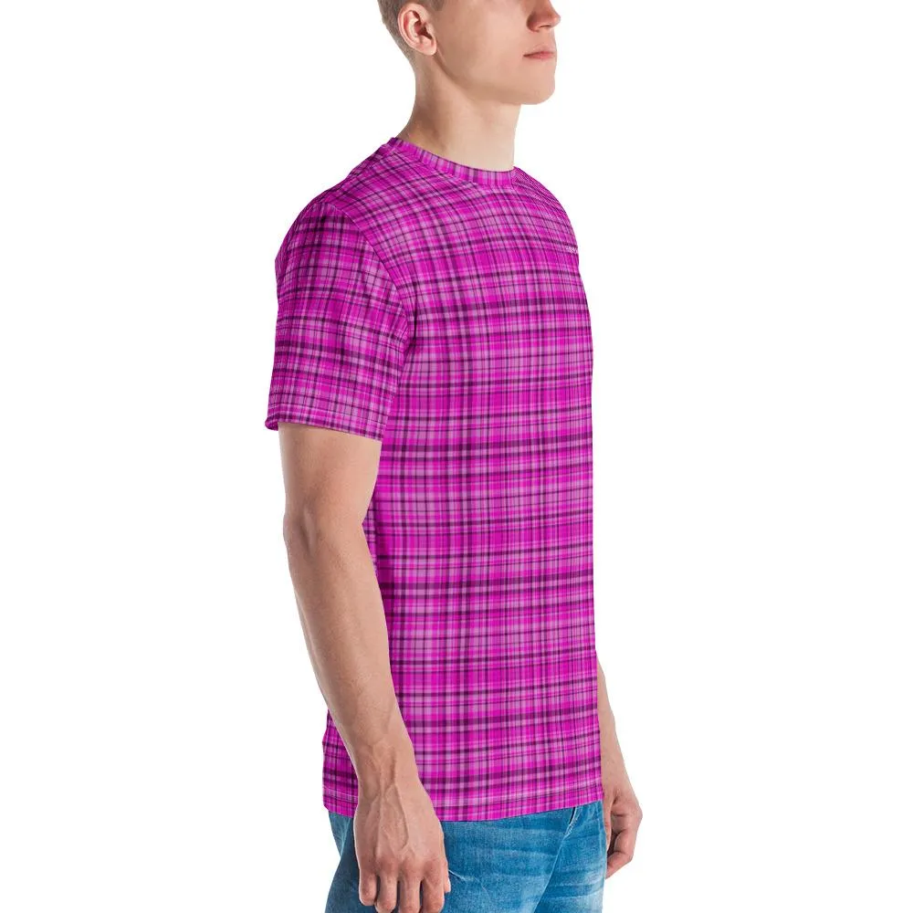 Pink Plaid Print Men's T-shirt, Scottish Bright Pink Plaid Tartan Printed Pattern Tee For Men-Made in USA/EU