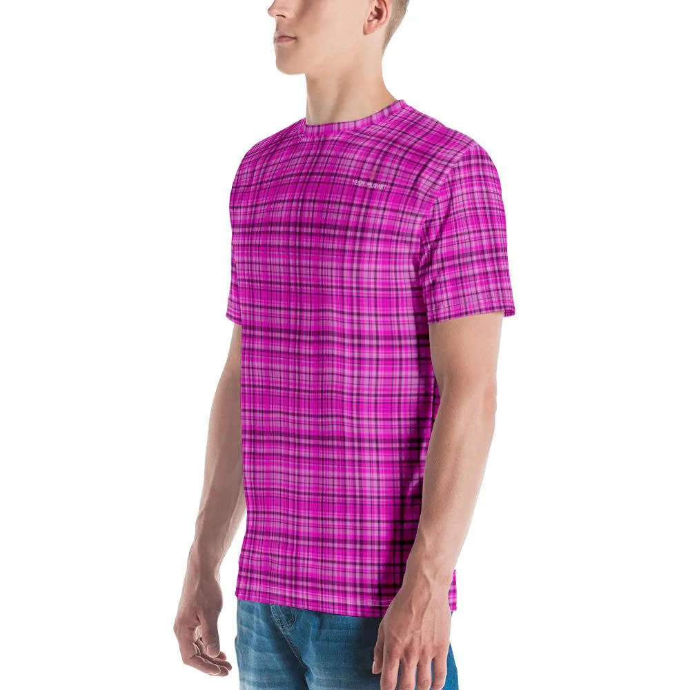 Pink Plaid Print Men's T-shirt, Scottish Bright Pink Plaid Tartan Printed Pattern Tee For Men-Made in USA/EU