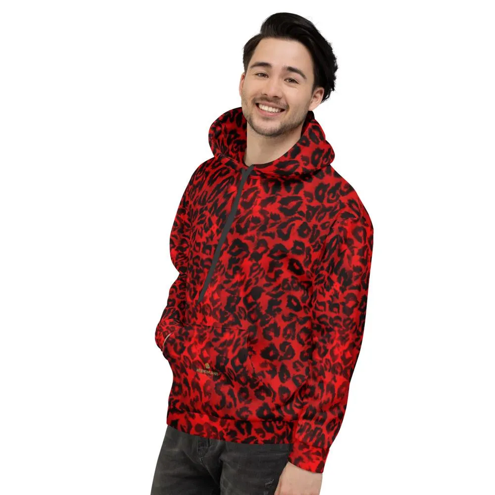 Red Leopard Men's Hoodies, Animal Print Premium Women's Unisex Hoodie-Made in EU