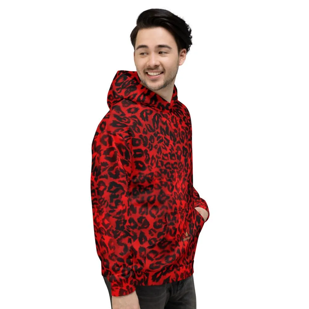 Red Leopard Men's Hoodies, Animal Print Premium Women's Unisex Hoodie-Made in EU