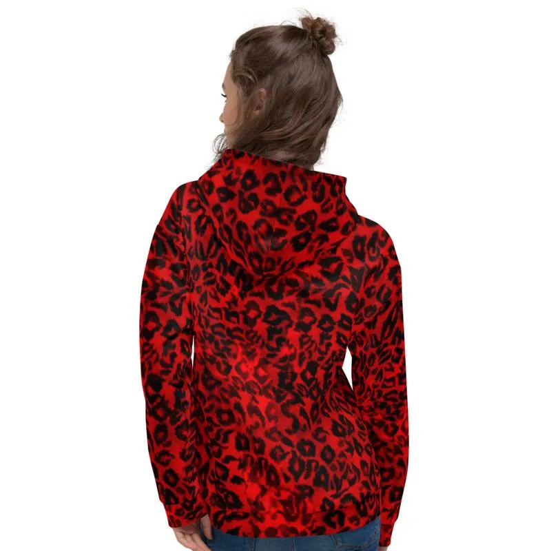 Red Leopard Men's Hoodies, Animal Print Premium Women's Unisex Hoodie-Made in EU