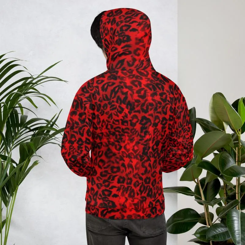 Red Leopard Men's Hoodies, Animal Print Premium Women's Unisex Hoodie-Made in EU