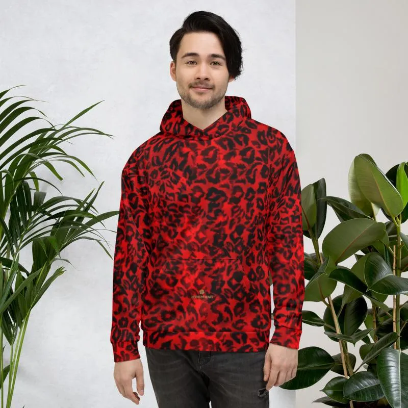 Red Leopard Men's Hoodies, Animal Print Premium Women's Unisex Hoodie-Made in EU