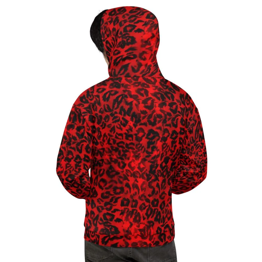 Red Leopard Men's Hoodies, Animal Print Premium Women's Unisex Hoodie-Made in EU